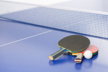 Table tennis rackets. Top view of table tennis rackets and ball