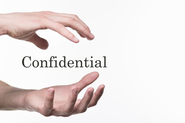 Confidential information isolated on white background. Man's han