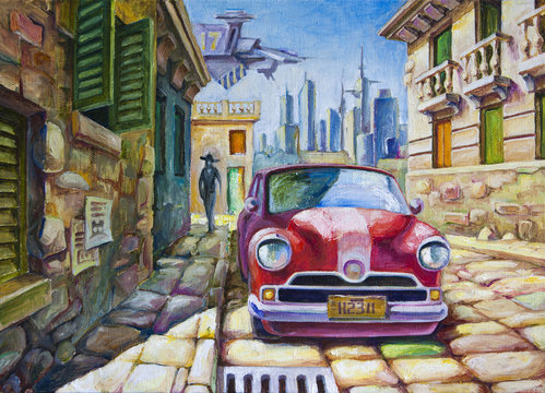 Old Red Car at the Sunny Street