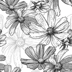 Stickers pour porte Fleurs abstraites Fond floral noir et blanc vintage sans couture