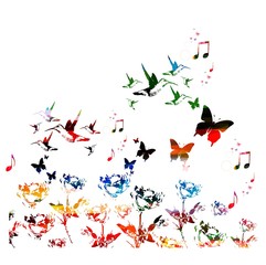 Colorful flowers background with hummingbirds and butterflies