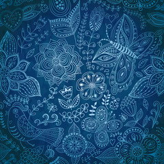 Winter time seamless texture with flowers, birds and butterflies