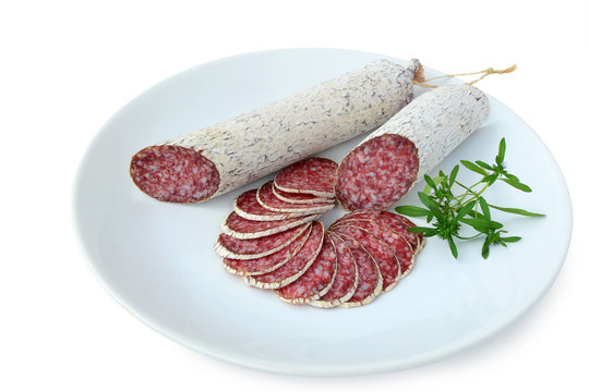 Salami -  dried sausages on plate