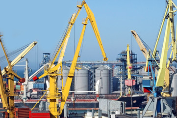 Bulk cargo ship under port crane bridge, Odessa, Ukraine