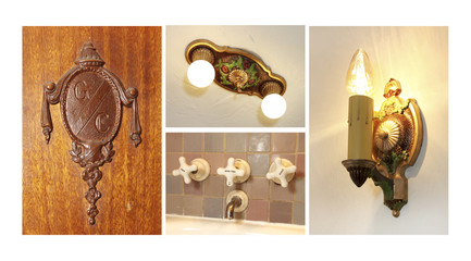 Fototapeta na wymiar Antique light fixtures, door kno and faucet collage.