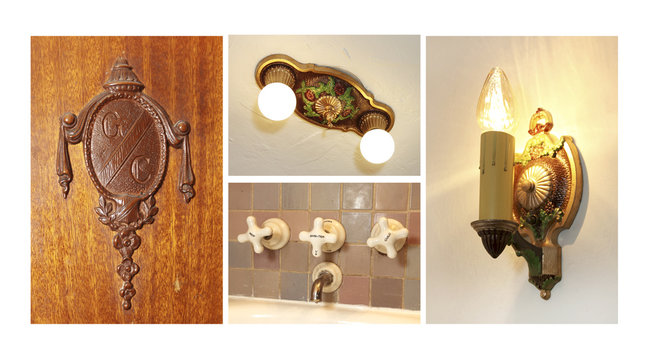 Antique Light Fixtures, Door Kno And Faucet Collage.