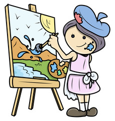 Cartoon Girl Painting a Landscape on Canvas - Vector