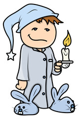 Kid with Candle at Night - Vector Cartoon Illustration