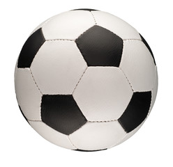 A classical soccer ball, also called football ball, with black pentagons and white hexagons.