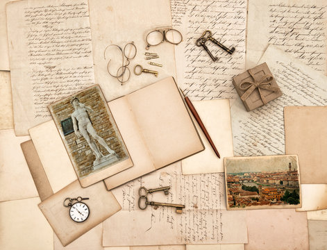 old letters, vintage accessories, diary and photos from Florence