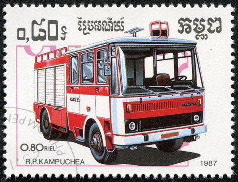 stamp printed in Kampuchea shows firetruck