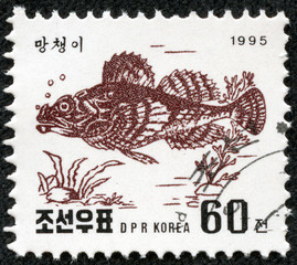 stamp printed in North Korea shows a Fish Myoxocephalus scorpius