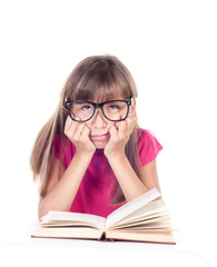 little girl with books wearing glasses