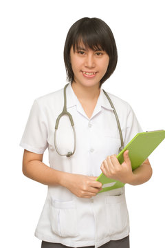 Smiling medical  woman doctor  with stethoscope and  clipchart