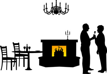 Elderly couple where man gives a flower woman in restaurant