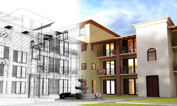 Rendering progetto, esterni, condominio, Appartamento