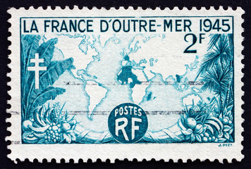 Postage stamp France 1945 World Map Showing French Possessions