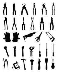 Black silhouettes of various tools, vector