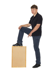 a man with a wooden sign on a white background