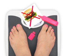 Woman' s feet on bathroom scale