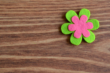 Flor rosa y verde sobre fondo rústico de madera