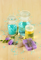 Beautiful spa setting on wooden table close-up