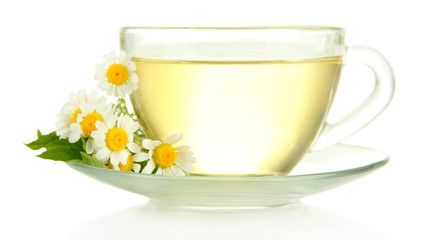Cup of herbal tea with wild camomiles and mint, isolated