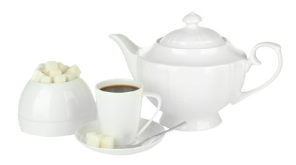 Cup of coffee,sugar-bowl and teapot isolated on white