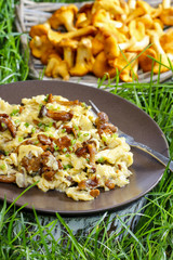 Traditional scrambled eggs with fresh chanterelle