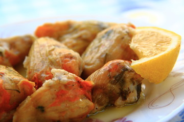 rice in zucchini blossoms with olive oil