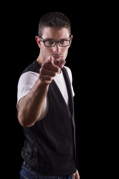  young male man with a serious attitude pointing finger