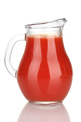 Full jug of  tomato juice, isolated on white