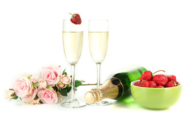 Romantic still life with champagne, strawberry and pink roses,