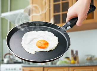 fried egg in a frying pan on a background of the kitchen