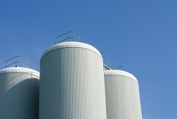 Fototapeta premium brewery tanks blue sky big containers beer production industry