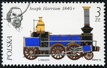 Fototapeta na wymiar stamp shows portrait of Joseph Harrison and locomotive