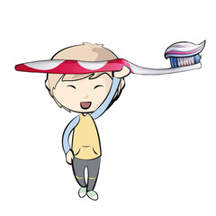 Kid holding a toothbrush with toothpaste. Isolated vector backgr