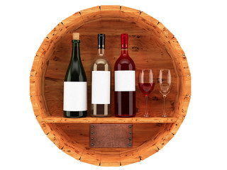 Red and white wine on a wooden background (3D rendering)