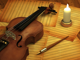 Fototapeta na wymiar Violin on sheet music (3D rendering)