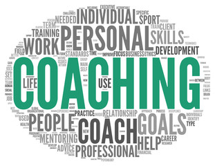 Coaching concept in sphere tag cloud