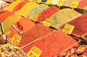 Spices on display on sale at market in Grand Bazaar, Istanbul