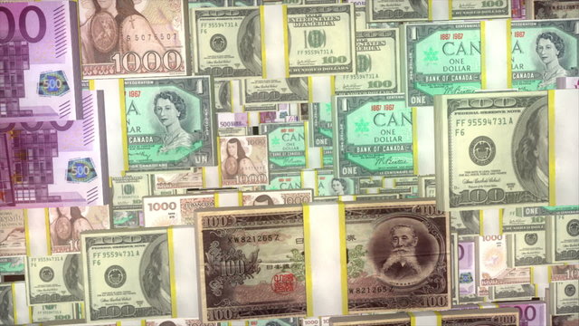 World Money zoom in. US dollars, Euro, Japan Jen, Canadian