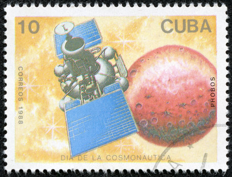 stamp printed in Cuba, shows a spacecraft Phobos