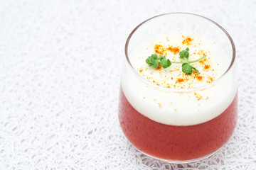 bilayer tomato panna cotta with smoked pepper and yogurt