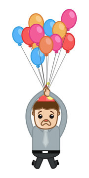 Surprised Man Flying with Balloons - Cartoon Business Character