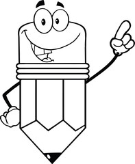 Outlined Smiling Pencil Cartoon Character Pointing With Finger