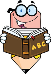 Smiling Pencil Teacher Character Reading A School Book