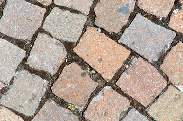 Sanpietrini, typical Roman pavement in Assisi, Italy