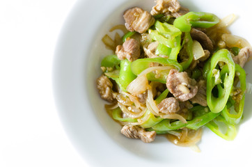 Stir fried pork with green chili pepper.