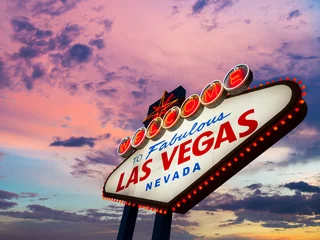 Poster welcome to Fabulous Las Vegas Sign at sunset © somchaij